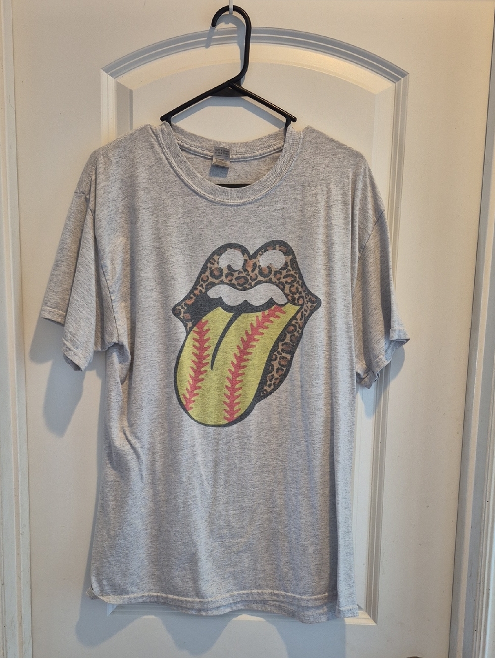 Gildan Gray Tee with Leopard Lips and Yellow-Red Softball Tongue
